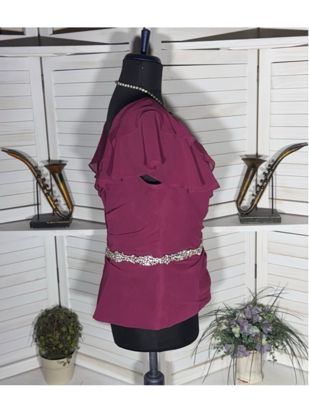 Vintage chiffon top ruffled V-neck beaded cocktail wedding guest Coquette - Picture 3 of 12